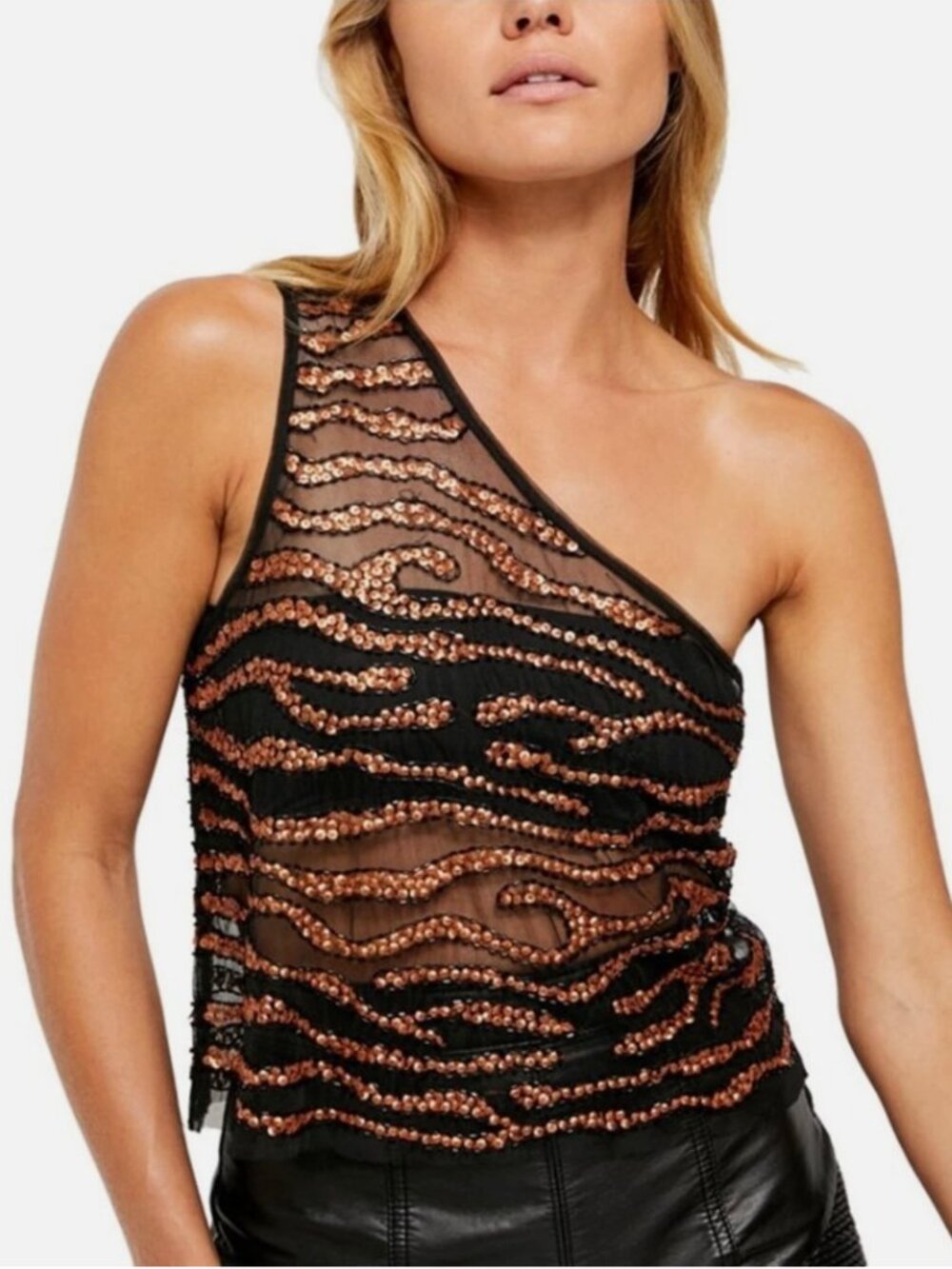 Sheer One-Shoulder Festival Top with Beading & Copper Sequins - XS/S